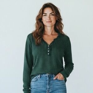 Chaps‎ Womens Long Sleeve Henley Shirt Green Houndstooth Ruffle V-Neck XL